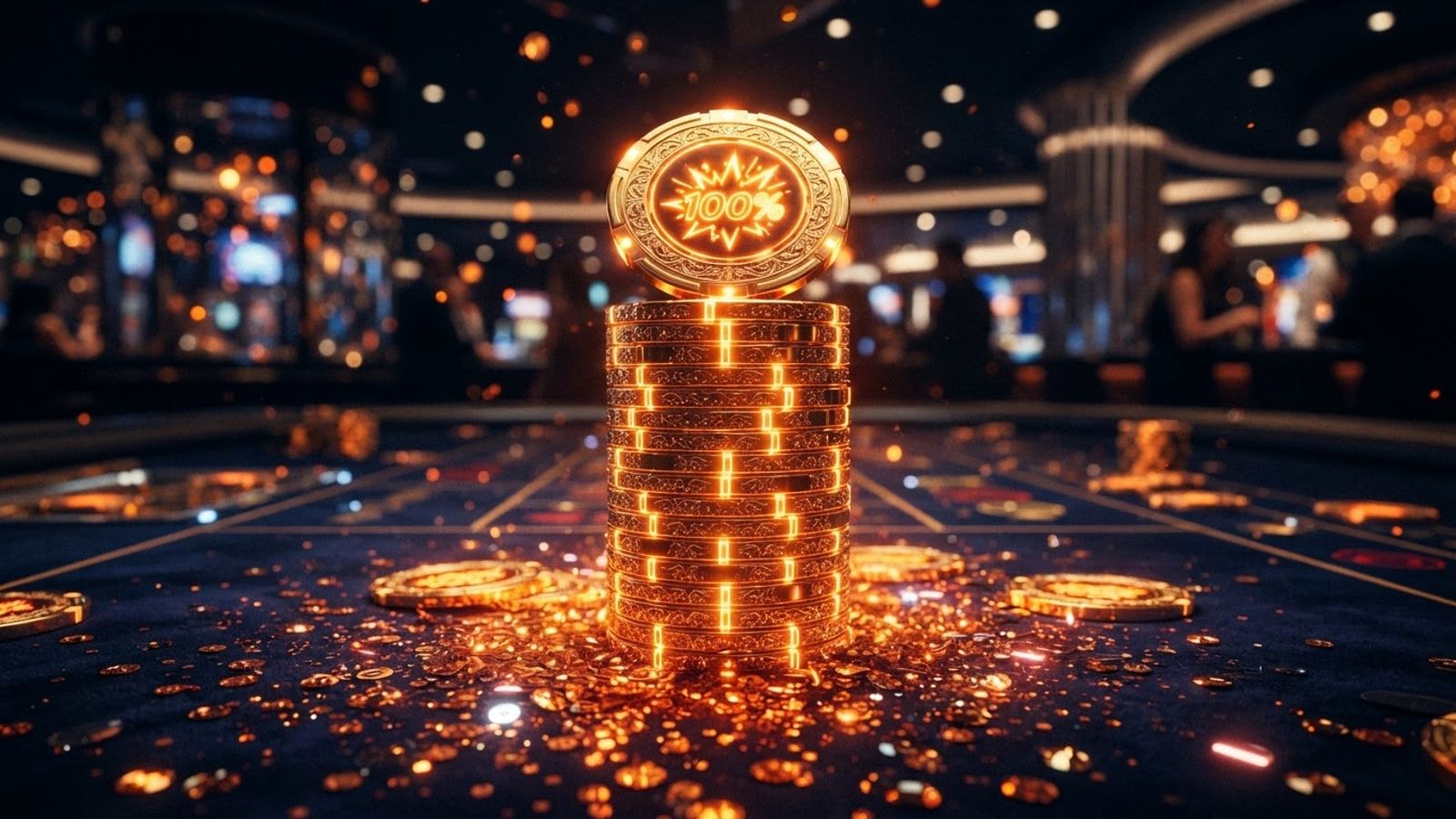 Stack of golden casino coins glowing with orange neon on dark background