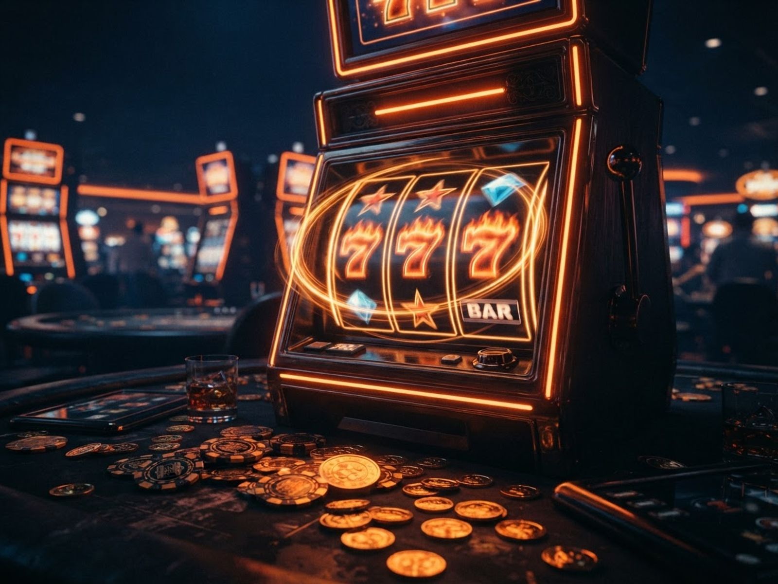 Glowing slot machine reels with golden coins on dark casino background