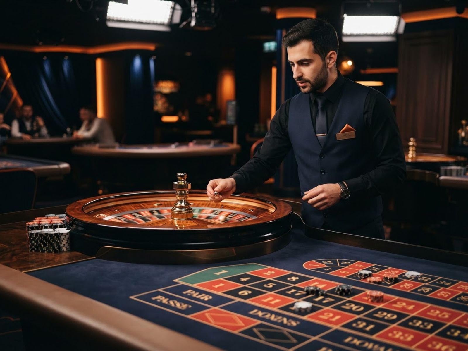 Live roulette wheel spinning with casino dealer in dark studio