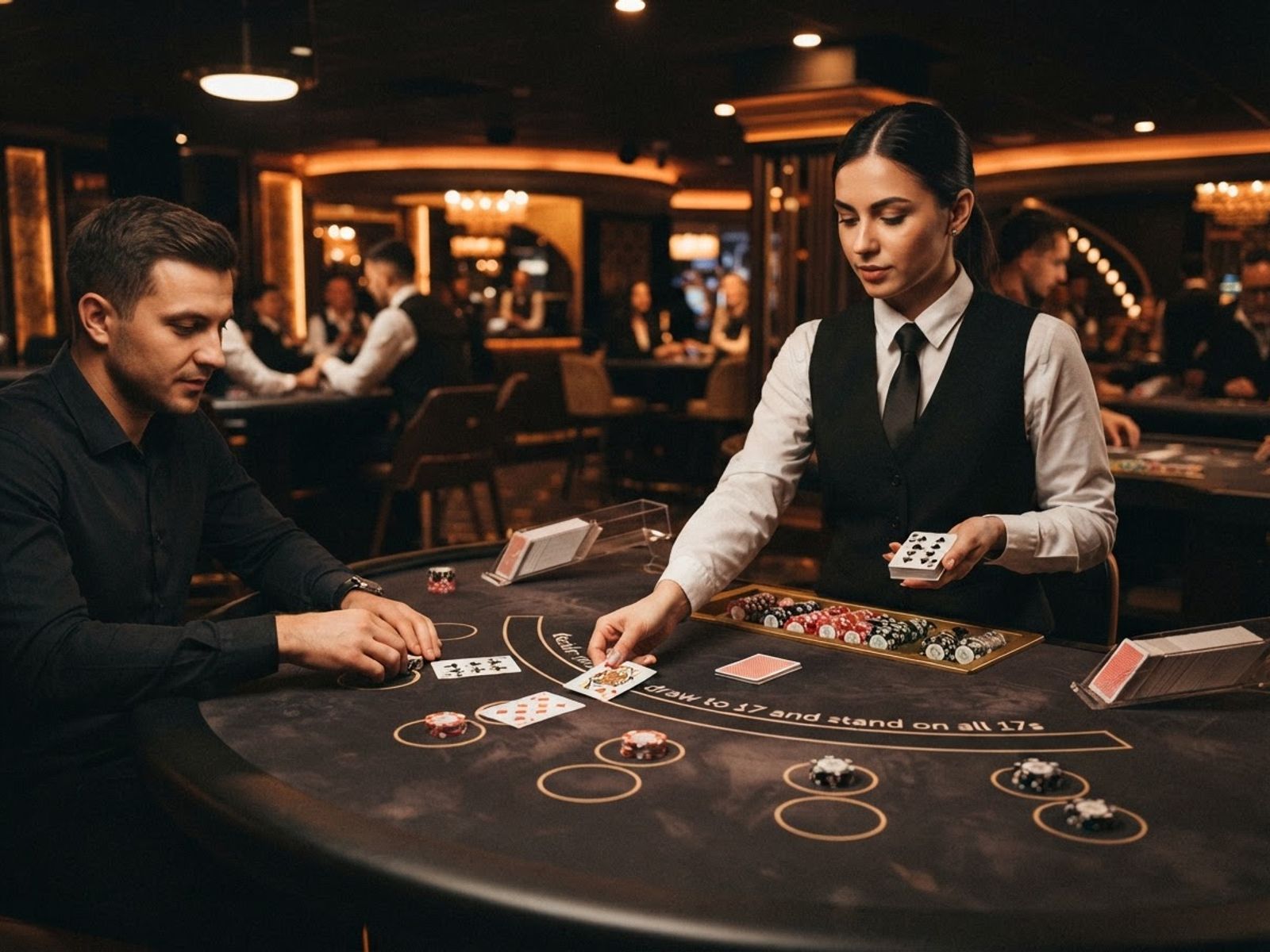 Live blackjack table with dealer and playing cards in dark casino
