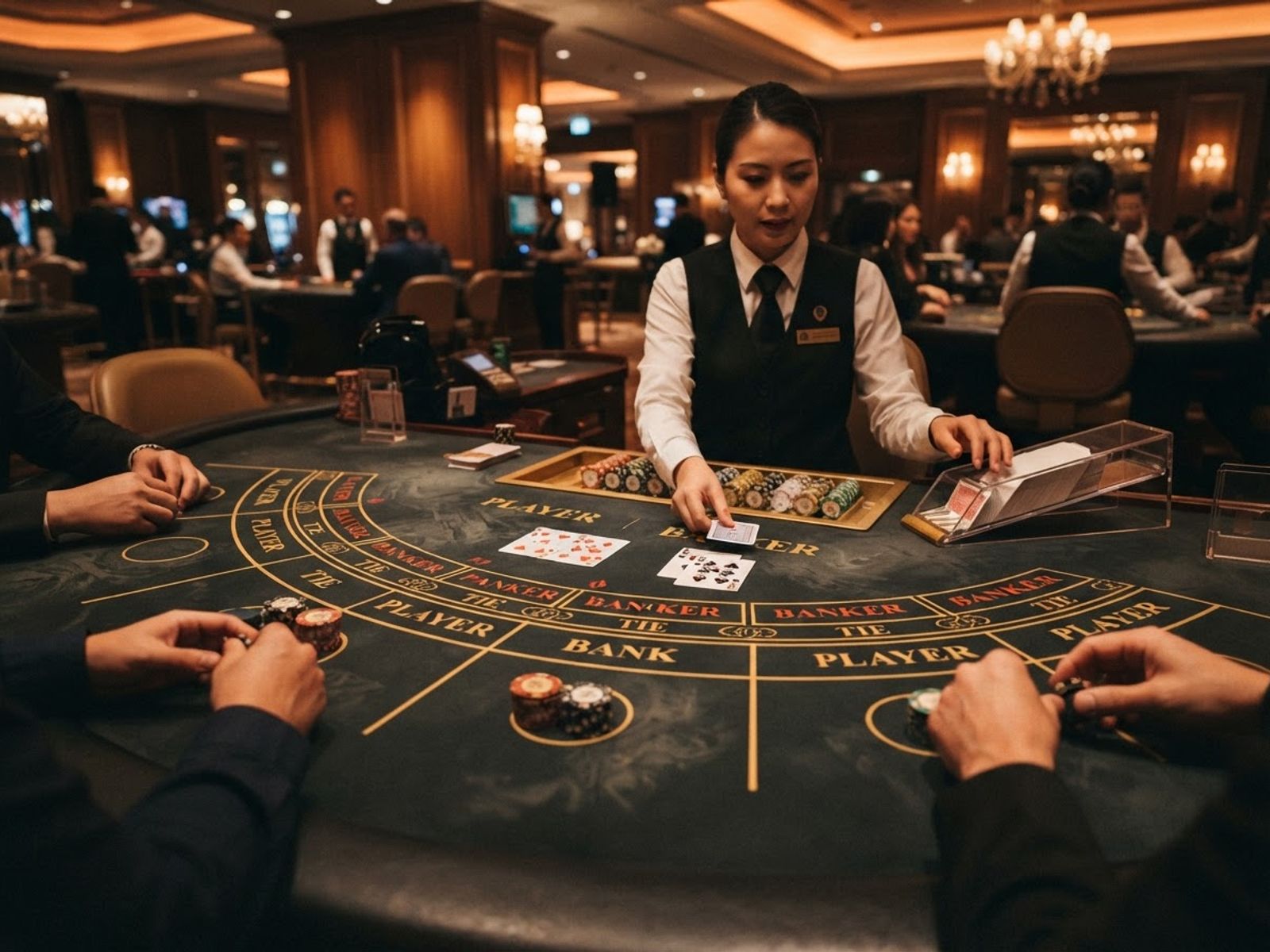 Live baccarat cards and chips arranged on green casino table