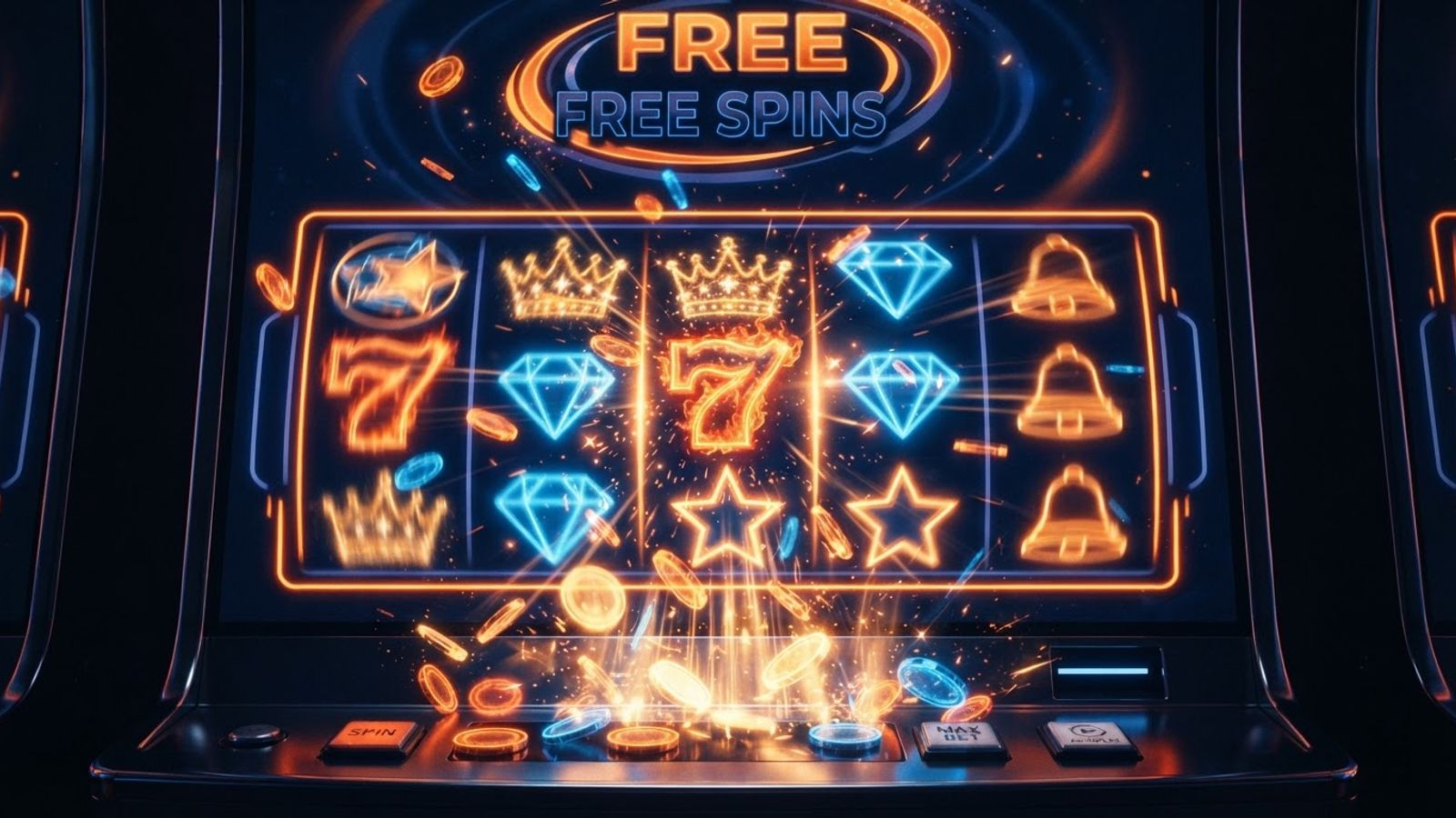 Free spins scatter symbols glowing orange on dark slot background