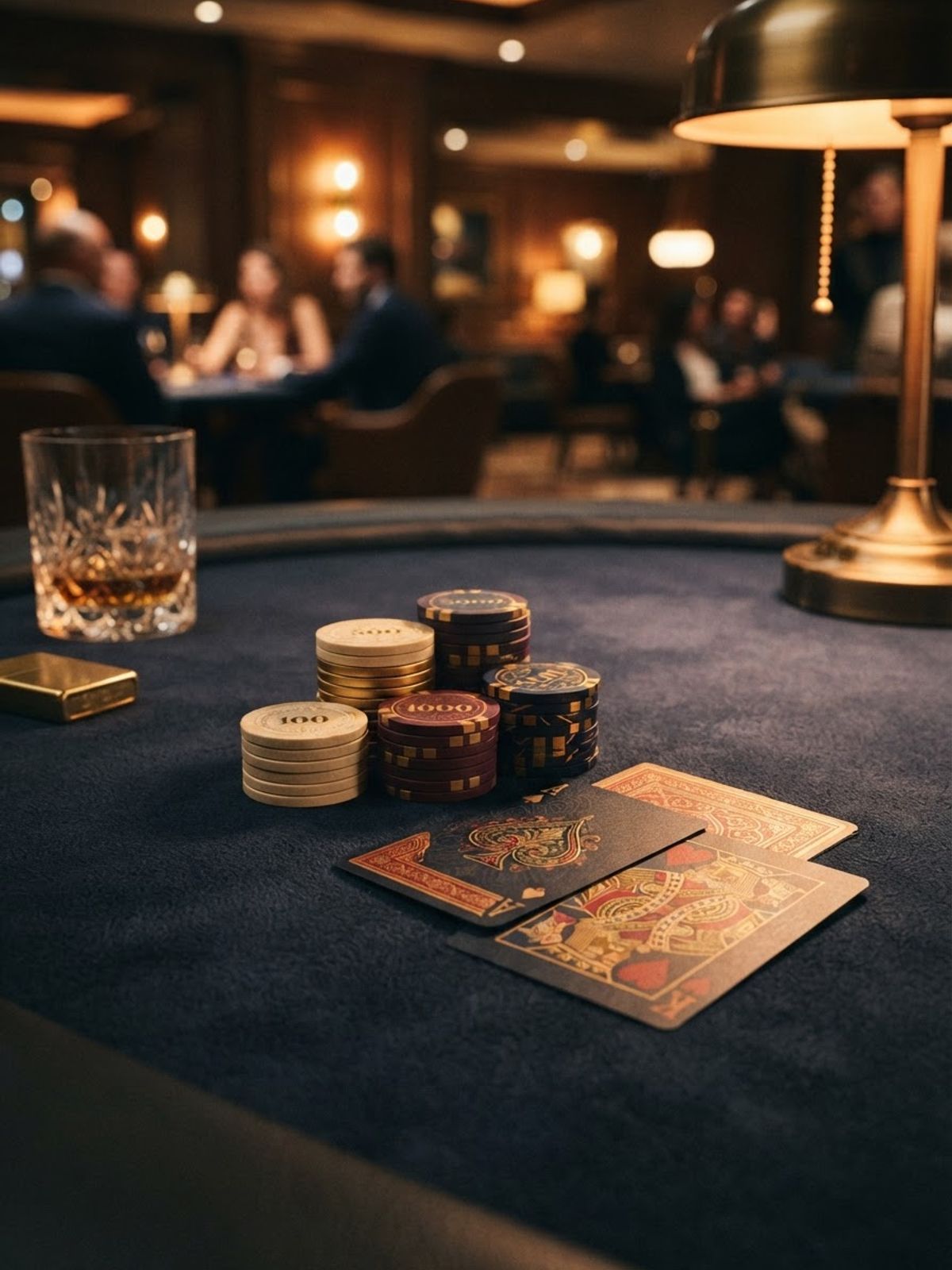 Casino chips and playing cards on dark editorial background
